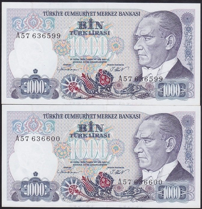 7.EMİSYON 1.TERTİP 1000 LİRA A57 636599-600  SERİ TAKİPLİ (2 ADET ) ÇİLALTI ÇİL