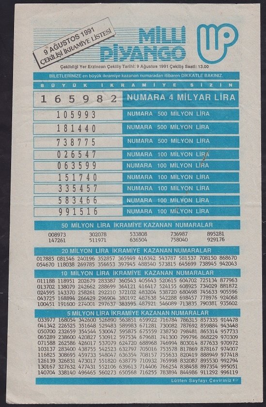1991 9 AĞUSTOS PİYANGO LİSTESİ