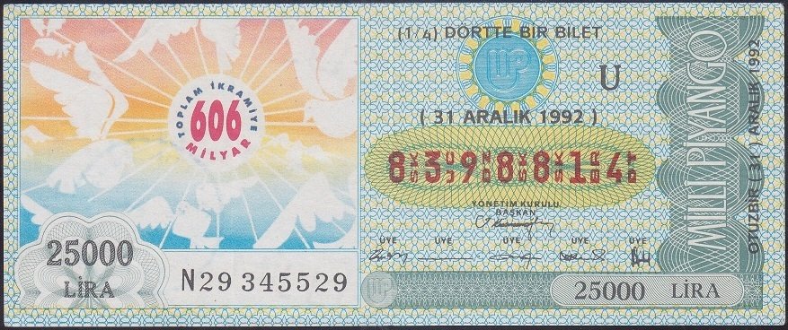 1992 31 ARALIK ÇEYREK BİLET - U SERİSİ