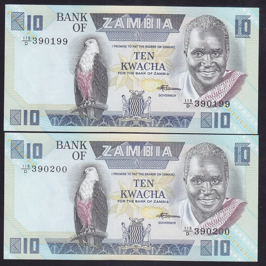 Zambia 10 Kwacha 1980 - 1988 Çil Pick 26e Seri Takipli 199 - 200