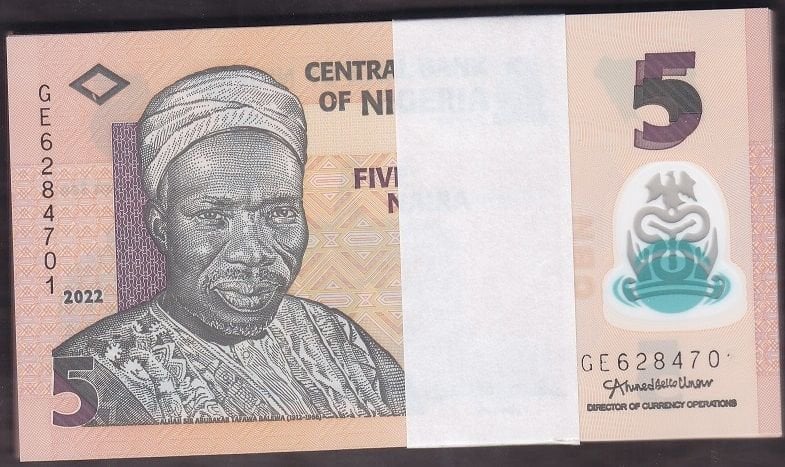 Nijerya 5 Naira 2022 Çil Deste (100 Adet) Polimer