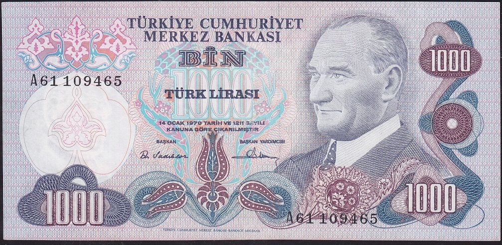 6.Emisyon 1.Tertip 1000 Lira A61 109465 Ççt Çilaltı ( Düzeltme var )