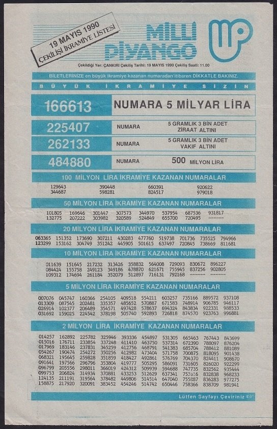 1990 19 MAYIS PİYANGO LİSTESİ