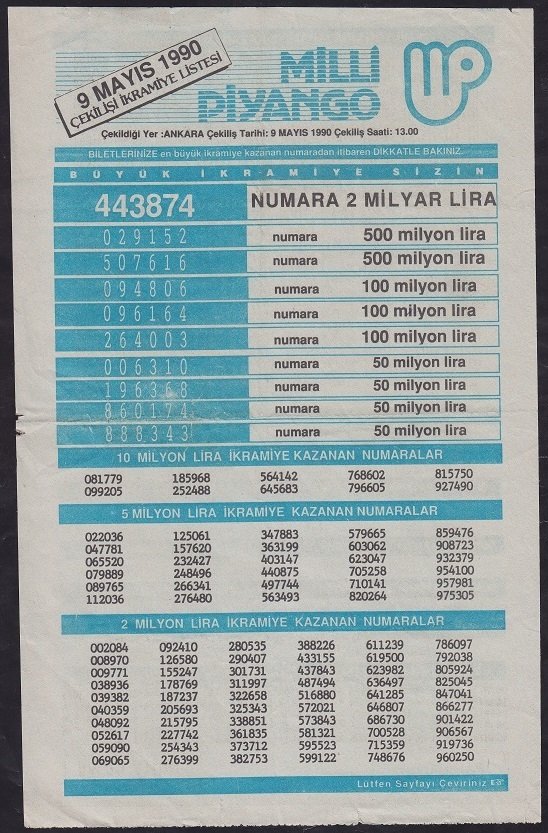 1990 9 MAYIS PİYANGO LİSTESİ