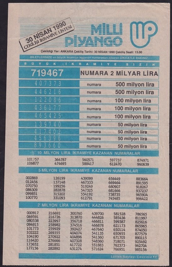 1990 30 NİSAN PİYANGO LİSTESİ