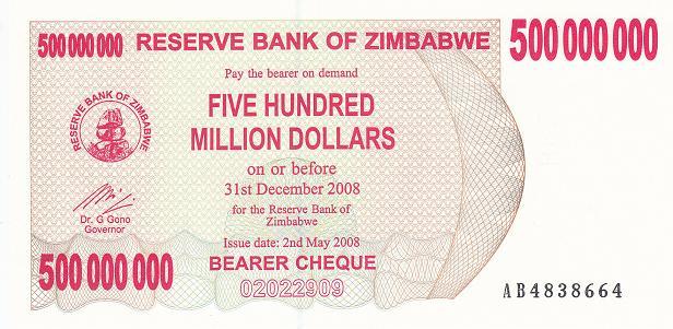 Zimbabwe 500000000 Dolar 2008 Çil AC - Pick 60