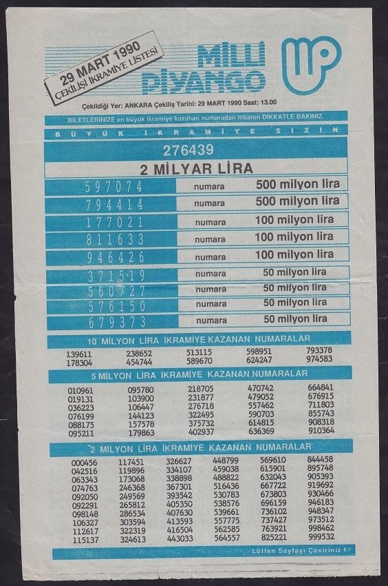 1990 29 MART PİYANGO LİSTESİ