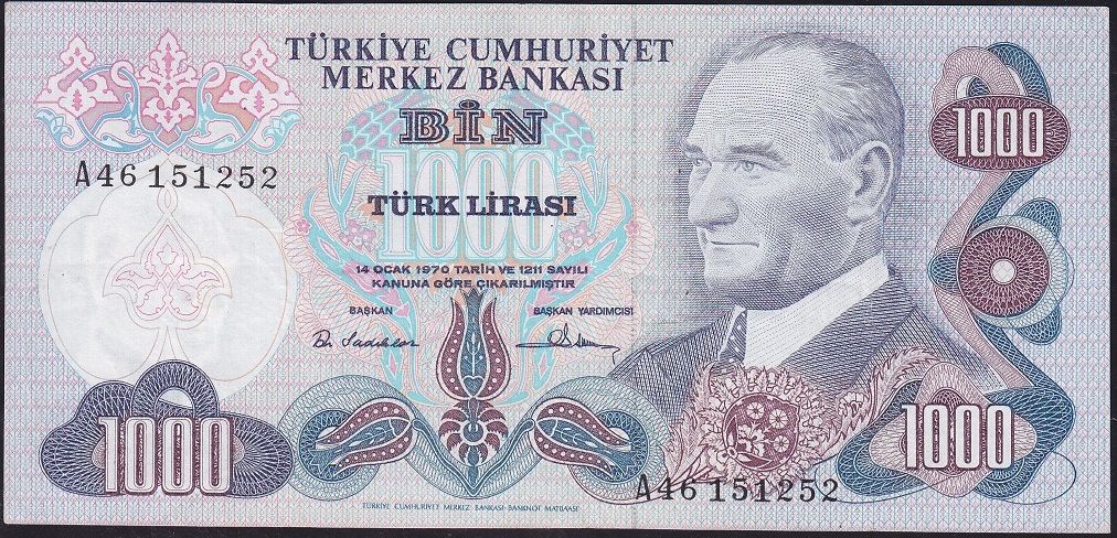 6.Emisyon 1.Tertip 1000 Lira A46 151252 Çok Temiz+