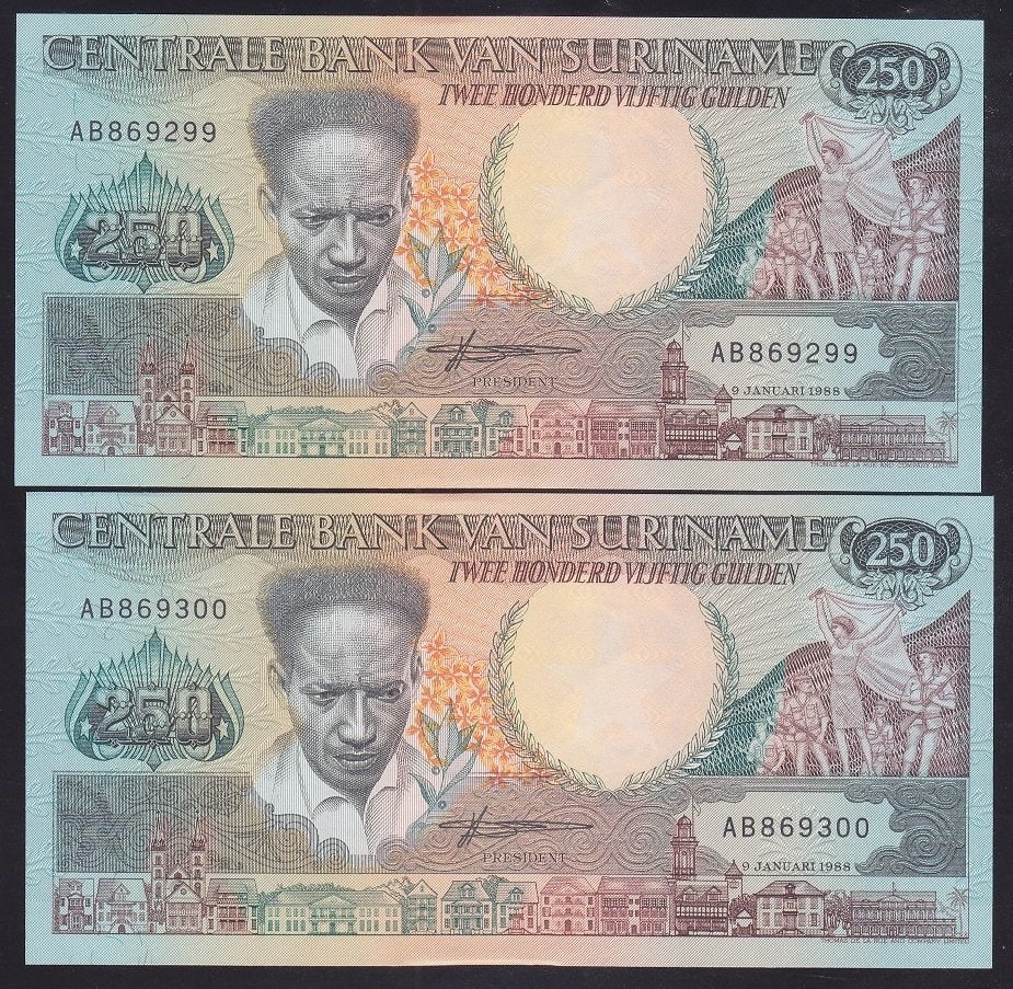 SURİNAME 250 GULDEN 1988 1 ADET ÇİLALTI 1 ADET ÇİL SERİ TAKİPLİ 2 ADET 299 - 300
