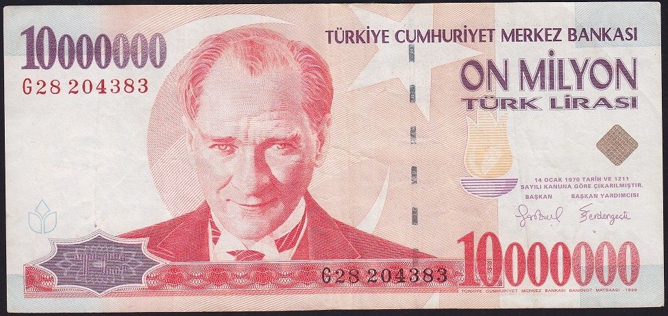 7.Emisyon 10 000 000 Lira G28 204383 Çok Temiz+