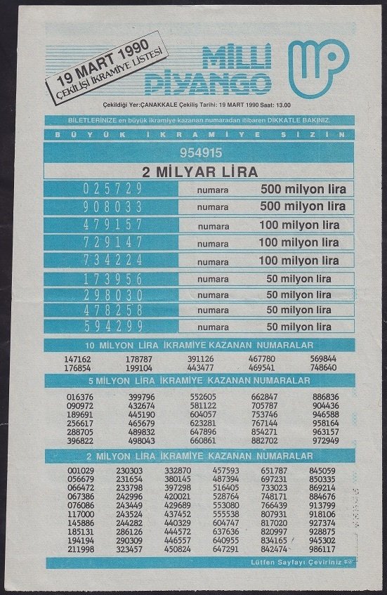 1990 19 MART PİYANGO LİSTESİ