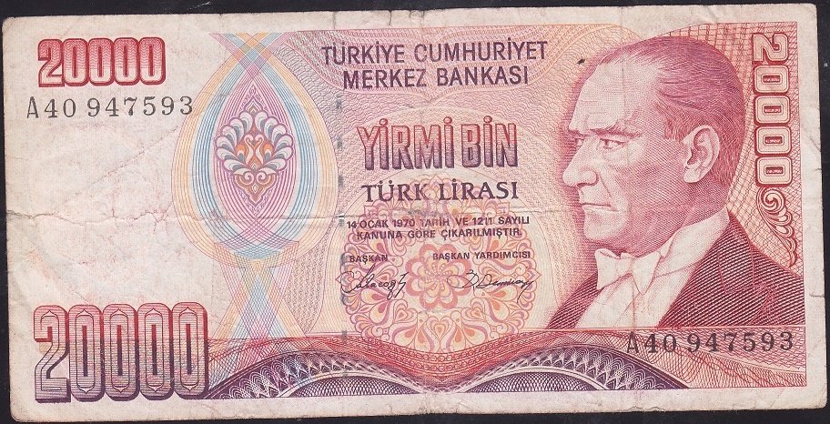 7.Emisyon 1.Tertip 20000 Lira A40 947593 Temiz