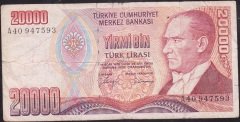 7.Emisyon 1.Tertip 20000 Lira A40 947593 Temiz