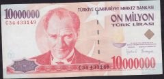 7.Emisyon 10 000 000 Lira C34 433149 Çok Temiz+