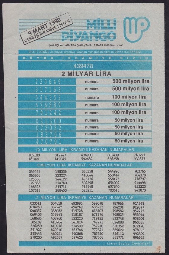 1990 9 MART PİYANGO LİSTESİ