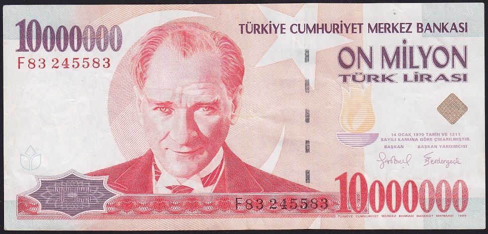 7.Emisyon 10 000 000 Lira F83 245583 Çok Temiz+
