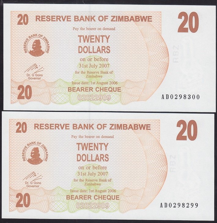 ZİMBABWE 20 DOLAR 2007 ÇİL - seri takipli 2 adet 299 - 300