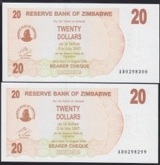 ZİMBABWE 20 DOLAR 2007 ÇİL - seri takipli 2 adet 299 - 300