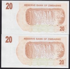 ZİMBABWE 20 DOLAR 2007 ÇİL - seri takipli 2 adet 299 - 300