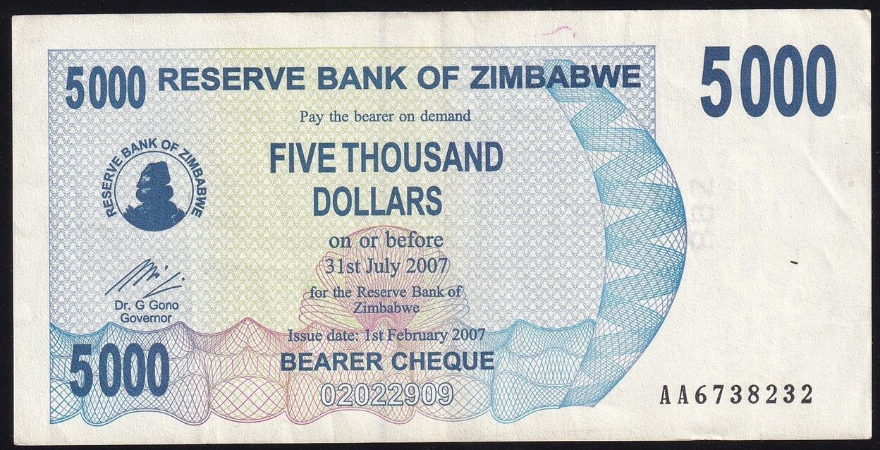 Zimbabwe 5000 Dolar 2007 Çok Çok Temiz Pick 45