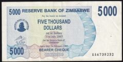 Zimbabwe 5000 Dolar 2007 Çok Çok Temiz Pick 45
