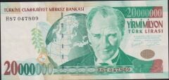 7.Emisyon 20 000 000 Lira H87 047809 Çok Çok Temiz+