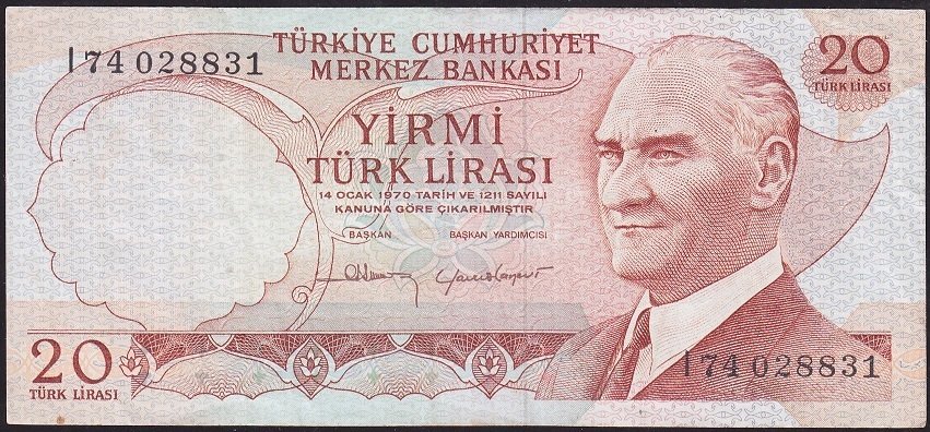 6.Emisyon 4.Tertip 20 Lira I74 028831 Çok Temiz+