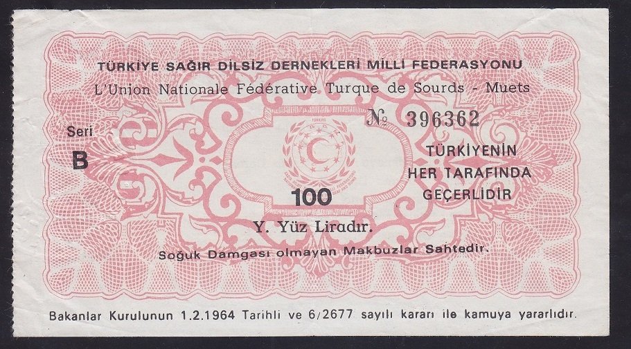 SAĞIR VE DİLSİZ FEDERASYONU 100 LİRALIK MAKBUZ