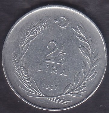 1967 YILI 2.5 LİRA ( TERS ) eski para değerleri