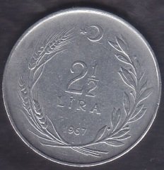 1967 YILI 2.5 LİRA ( TERS ) eski para değerleri