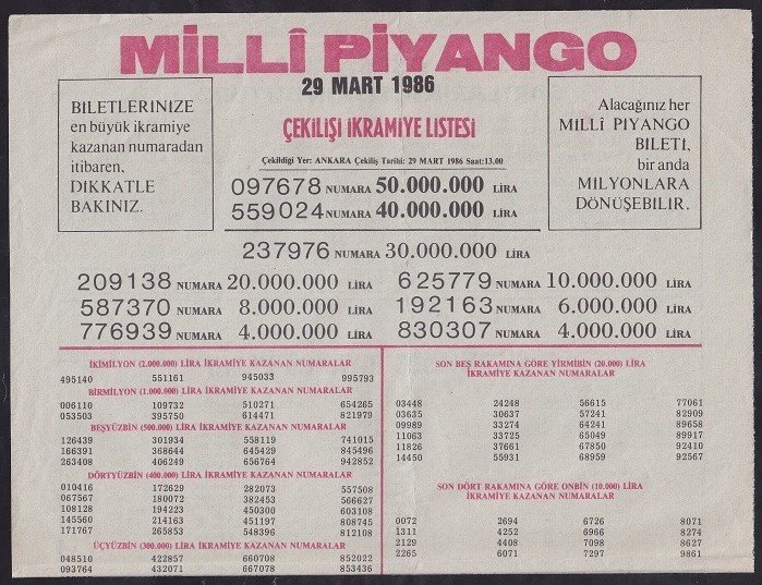 1986 29 MART PİYANGO LİSTESİ