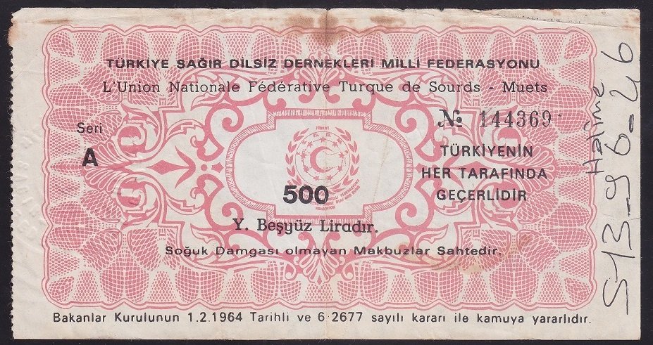 SAĞIR VE DİLSİZ FEDERASYONU 500 LİRALIK MAKBUZ
