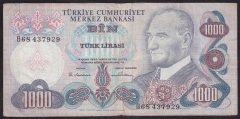 6.EMİSYON 1.TERTİP 1000 LİRA B68 437929 TEMİZ eski kağıt para değerleri