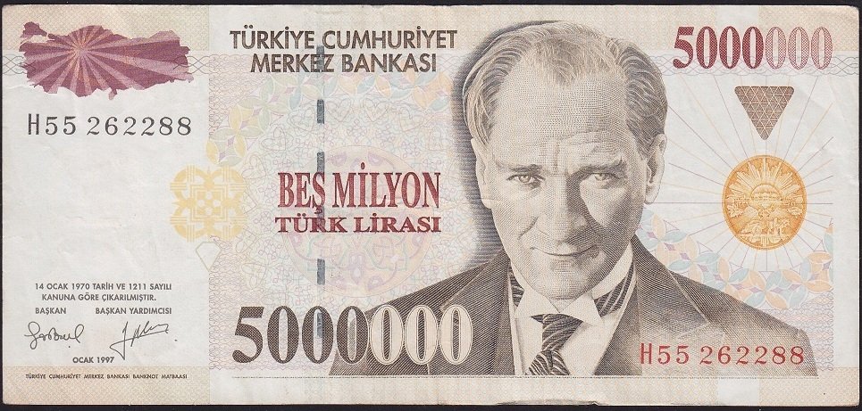 7.Emisyon 5 000 000 Lira H55 262288 Çok Temiz+