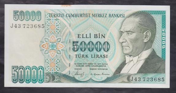 7.EMİSYON 1.TERTİP 50000 LİRA J43 723685 ÇİLALTI