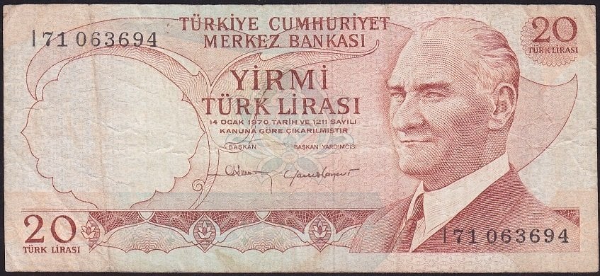 6.Emisyon 4.Tertip 20 Lira I71 063694 Çok Temiz
