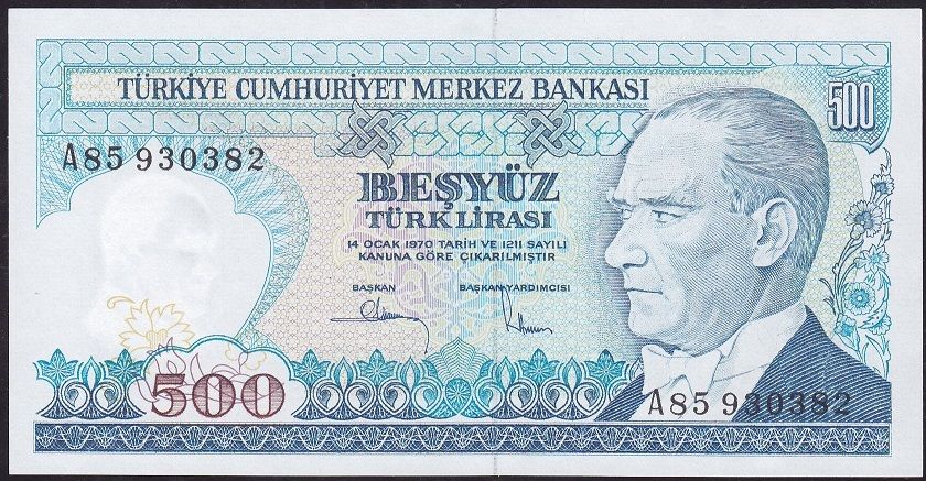 7.Emisyon 1.Tertip 500 Lira A85 930382 Çil