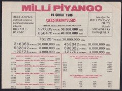 1986 19 ŞUBAT PİYANGO LİSTESİ