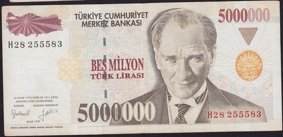 7.Emisyon 5 000 000 Lira H28 255583 Çok Temiz