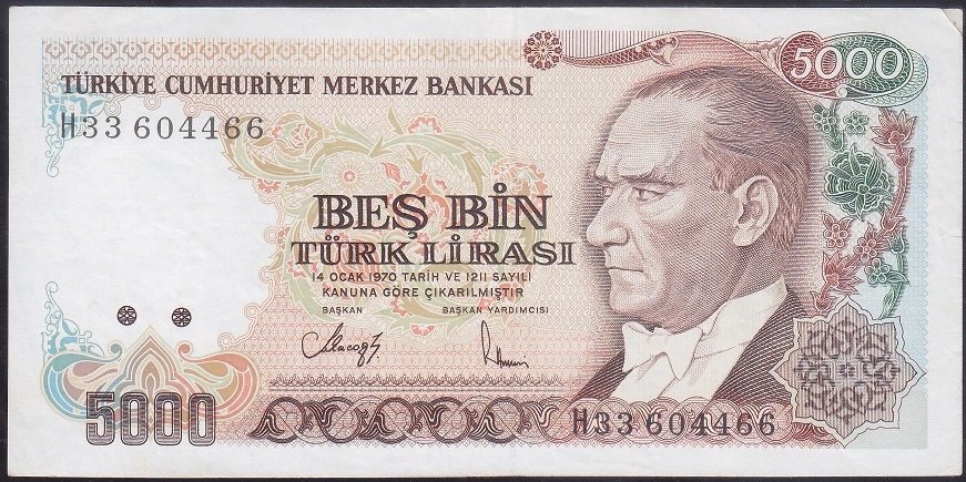 7.EMİSYON 4.TERTİP 5000 LİRA H33 604466 ÇOK TEMİZ + eski para alan yerler