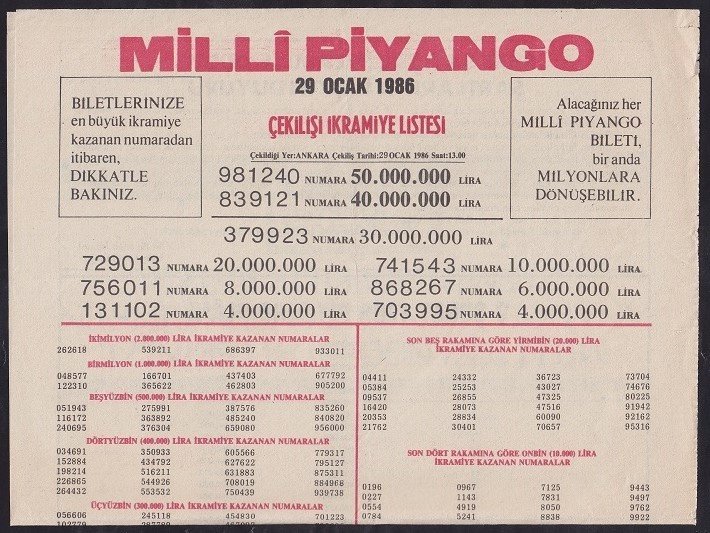 1986 29 OCAK PİYANGO LİSTESİ