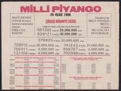 1986 29 OCAK PİYANGO LİSTESİ