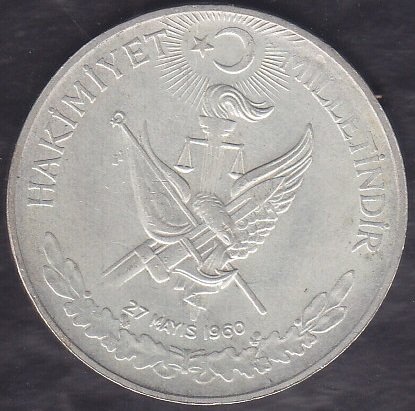 1960 Yılı 10 Lira - Hakimiyet Milletindir İhtilal Gümüş ( 15 Gram )