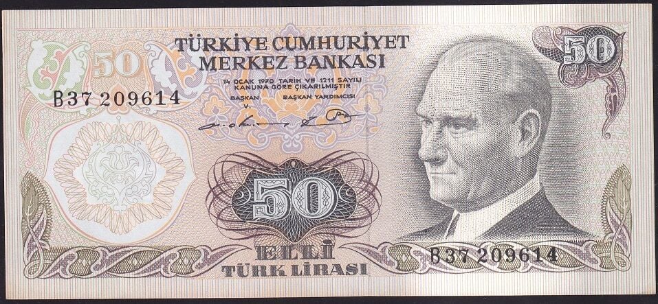 6.Emisyon 1.Tertip 50 Lira B37 209614 Çilaltı