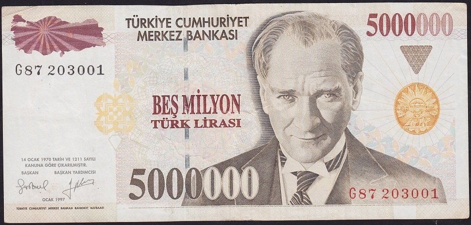 7.Emisyon 5 000 000 Lira G87 203001 Çok Temiz+