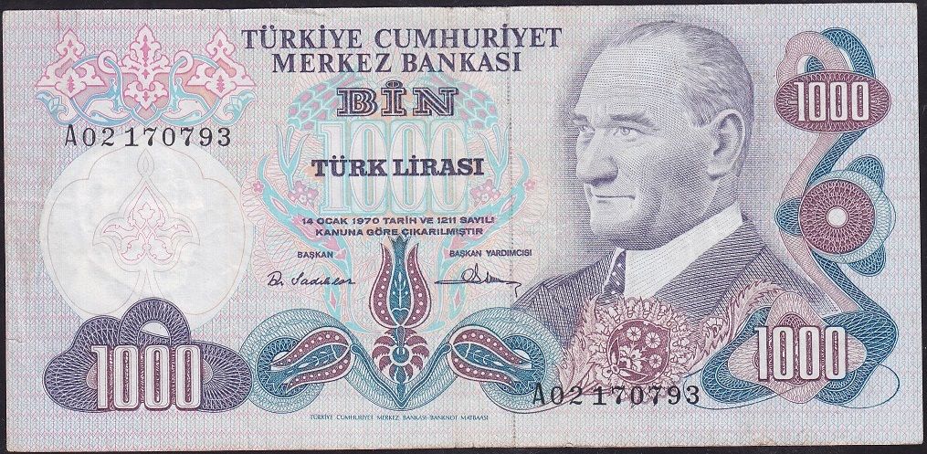 6.Emisyon 1.Tertip 1000 Lira A02 170793 Çok Temiz