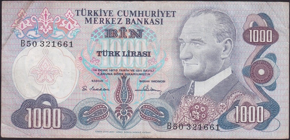 6.EMİSYON 1.TERTİP 1000 LİRA B50 321661 ÇOK TEMİZ