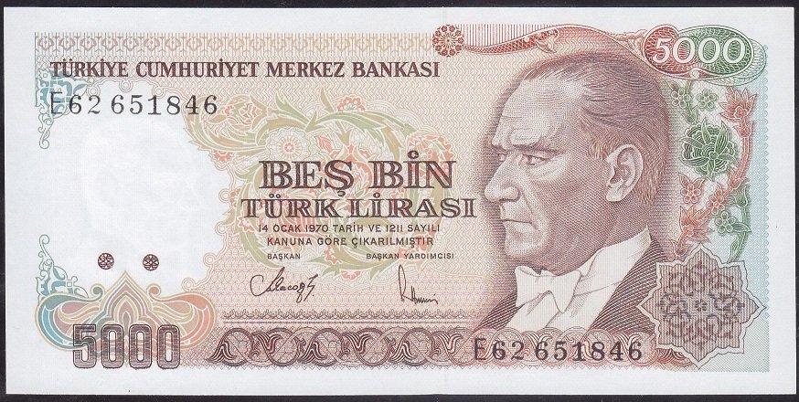 7.Emisyon 3.Tertip 5000 Lira E62 651846 Çil