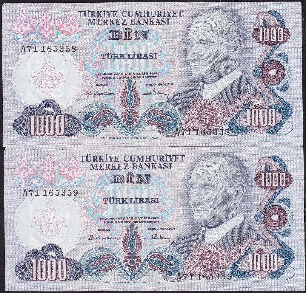 6.Emisyon 1.Tertip 1000 Lira A71 165358-59 Seri Takipli Çok Çok Temiz