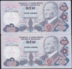 6.Emisyon 1.Tertip 1000 Lira A71 165358-59 Seri Takipli Çok Çok Temiz